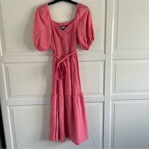 New! DKNY smocked puff sleeve pink tiered midi dress nwt 20676
